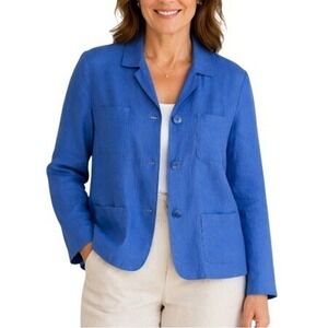 Talbots 100% Linen Blue Blazer Jacket Womens 14 Blue 4 Pocket Tailored Field